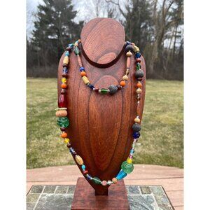 1970's Multi Medium Beaded Handmade Glass Abstract Necklace Various Shaped Beads